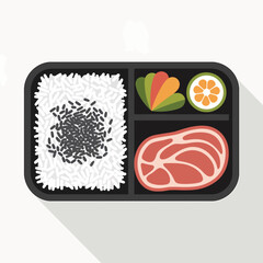 Delicious Bento Box Lunch: Flat Lay Vector Illustration of Rice, Meat, and Vegetables