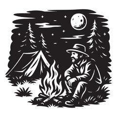 Obraz premium Wild camper sitting by campfire at night