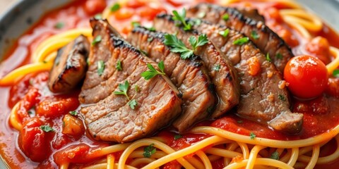 Tender sliced meat in rich sauce atop a bed of pasta, garnished with fresh herbs, food, pasta