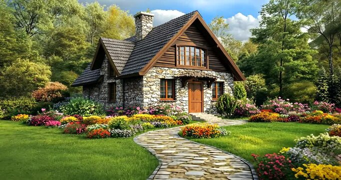old house with flower garden in front