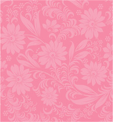 Elegant Seamless Pink Floral Pattern and Leaves with Intricate Design and Stylized Elements