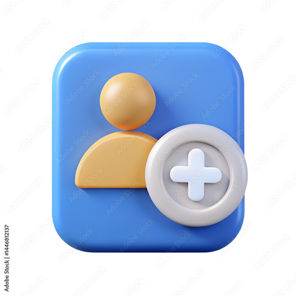 Poster high quality 3d rendering icon illustrates the concept of add user on a blue rounded background for 