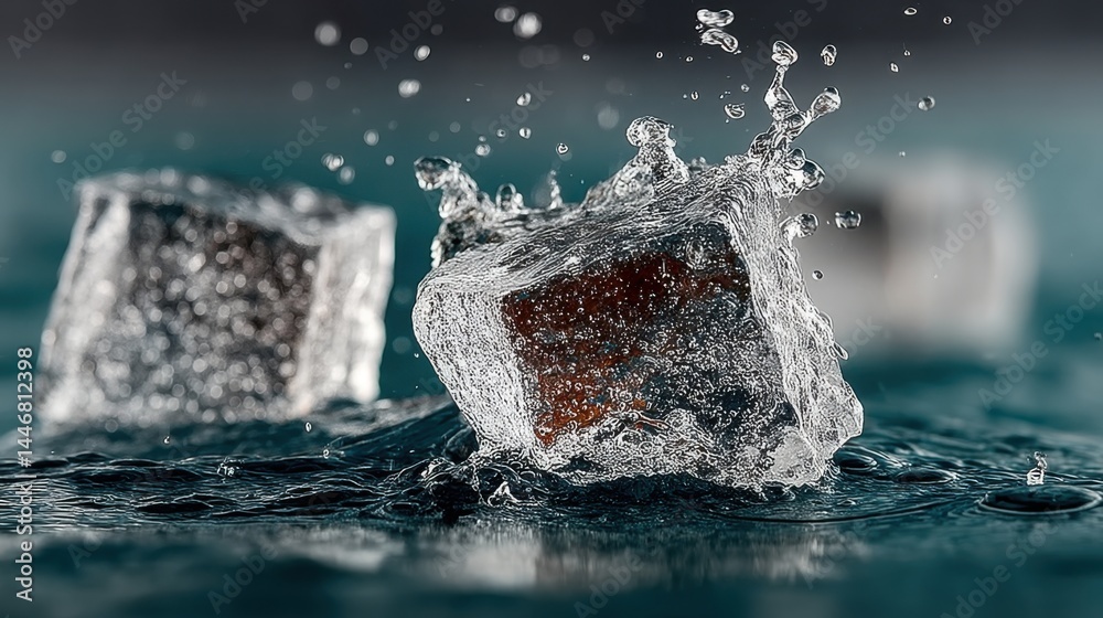 Aufkleber dramatic close up of ice cubes splashing in water creating a refreshing scene