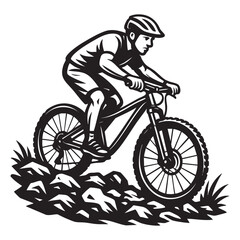 Obraz premium Mountain biker riding rocky trail vector illustration
