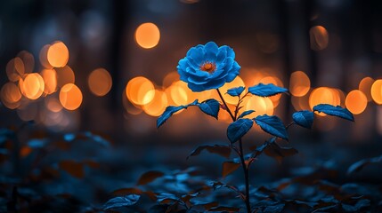 Enchanted blue rose in a mystical forest at night
