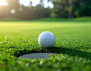 Obraz premium Golf ball on green, near the hole, at sunset. Perfect for golf-related projects.
