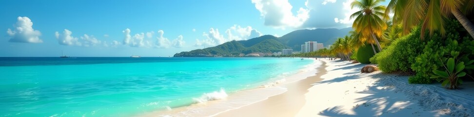 Fototapeta premium Tropical beach overlaid with bustling city street, street, architecture