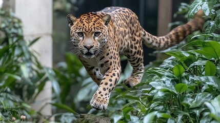 Obraz premium Jaguar'sStalkingApproachThroughLushJungleFoliageShowcasingCamouflageandPredatoryInstinctswithNaturalLightHighlightsandSharpFocusDetailonFurPattern