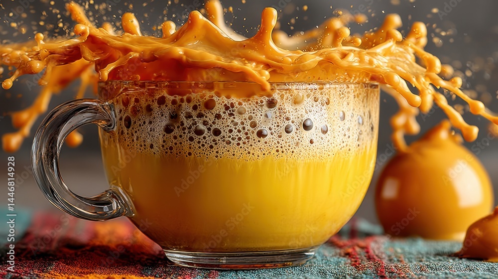 Poster dynamic shot of a vibrant golden turmeric latte with a splash effect in a glass cup