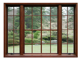 Brown Wooden Multi-Paned Window With Garden View Isolated Background Illustration