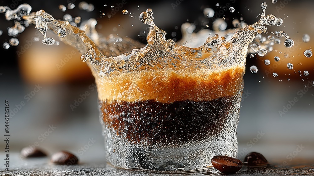 Poster espresso shot with water splash showcasing layered coffee and refreshing bubbles