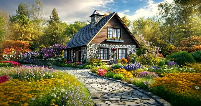 old house with flower garden in front
