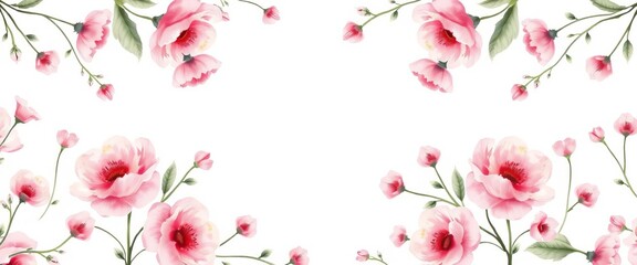 Fototapeta premium Delicate pink & white watercolor floral frame, seamless repeat pattern, border, romantic