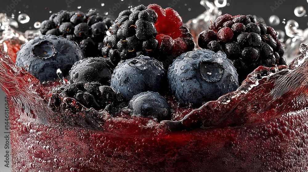 Aufkleber fresh berries splashing into liquid creating a vibrant and refreshing drink