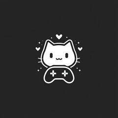Cute cat with game controller, surrounded by hearts and stars.