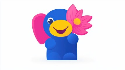 Fototapeta premium Whimsical azure elephant cub with peony bloom playful cartoon character digital art vibrant hues enchanting child illustration joyous graphic element