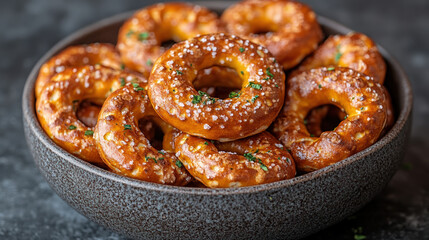 Fototapeta premium Crispy, cheesy pretzel rings in a bowl