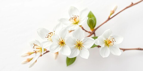 Delicate watercolor white flower blossoms on clean background, close-up, green