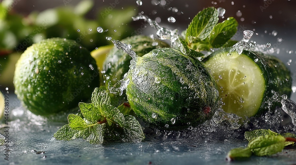 Poster fresh green cucumbers and mint leaves splashing in refreshing water droplets