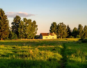 Obraz premium Serene countryside house bathed in golden sunset light, surrounded by lush green meadow and trees.