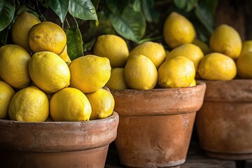 Ripe yellow lemons harvested from lemon trees, arranged in terracotta pots.