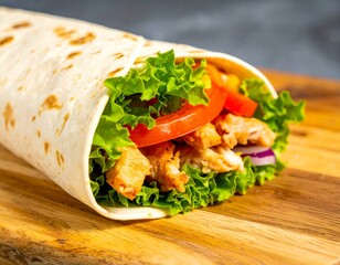 Delicious chicken wrap with lettuce, tomato, and onion on a wooden board. Perfect for menus, blogs, or recipe websites.