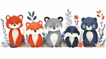 Obraz premium Cute forest animals in whimsical botanical arrangement.