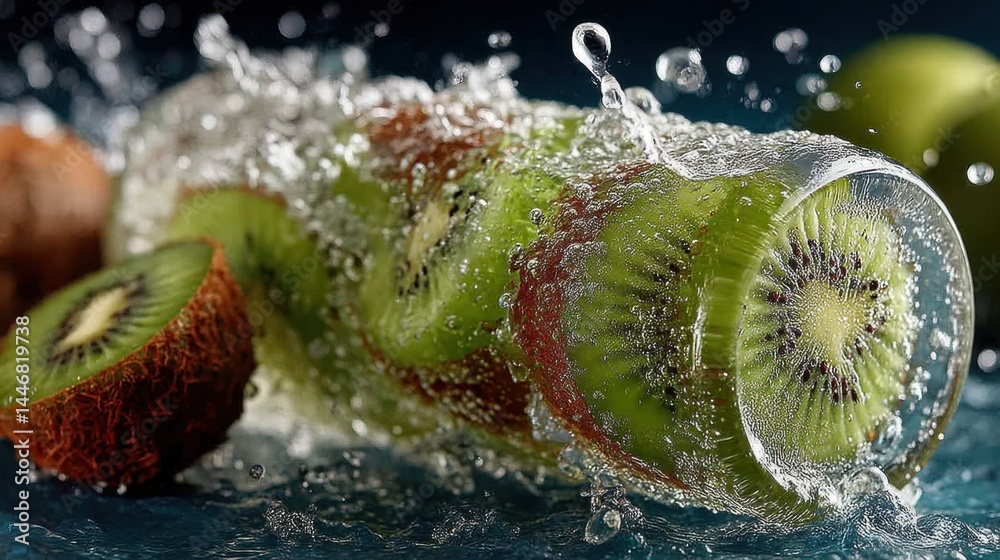 Poster fresh kiwi fruit slices submerged in water with splashing, refreshing summer vibes.