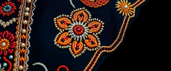 close up of a colorful embroidered material