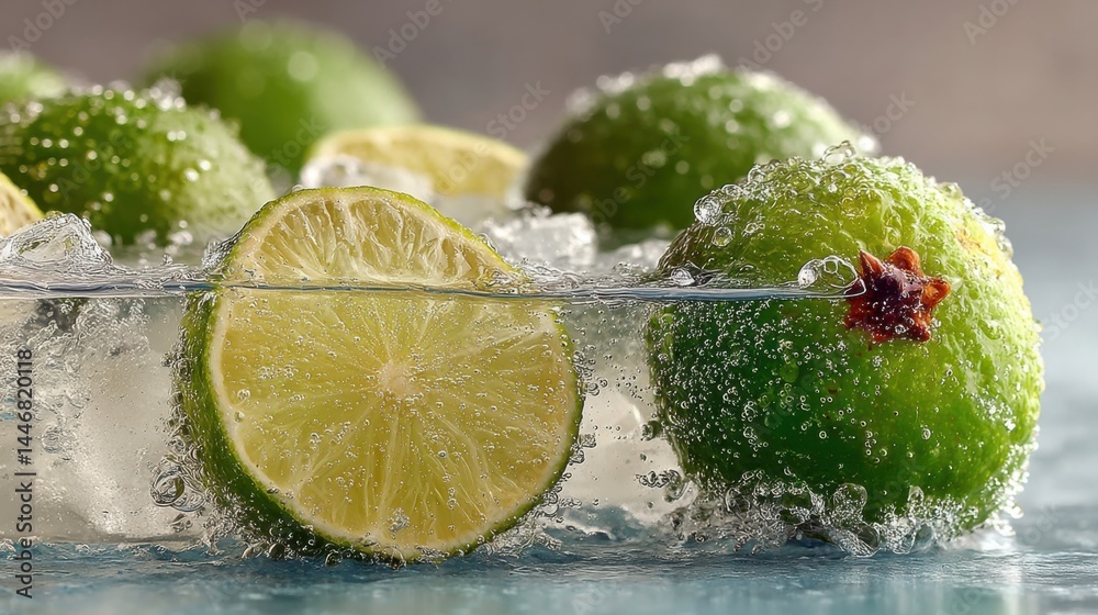 Poster Fresh limes and ice cubes submerged in water creating a refreshing summer drink