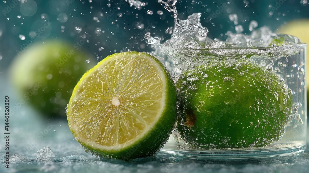 Poster fresh limes with splashing water creating a refreshing and vibrant summer drink scene