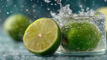 Fresh limes with splashing water creating a refreshing and vibrant summer drink scene