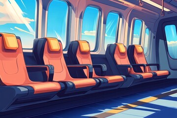 Fototapeta premium Inside modern high-speed train, empty seats with large windows