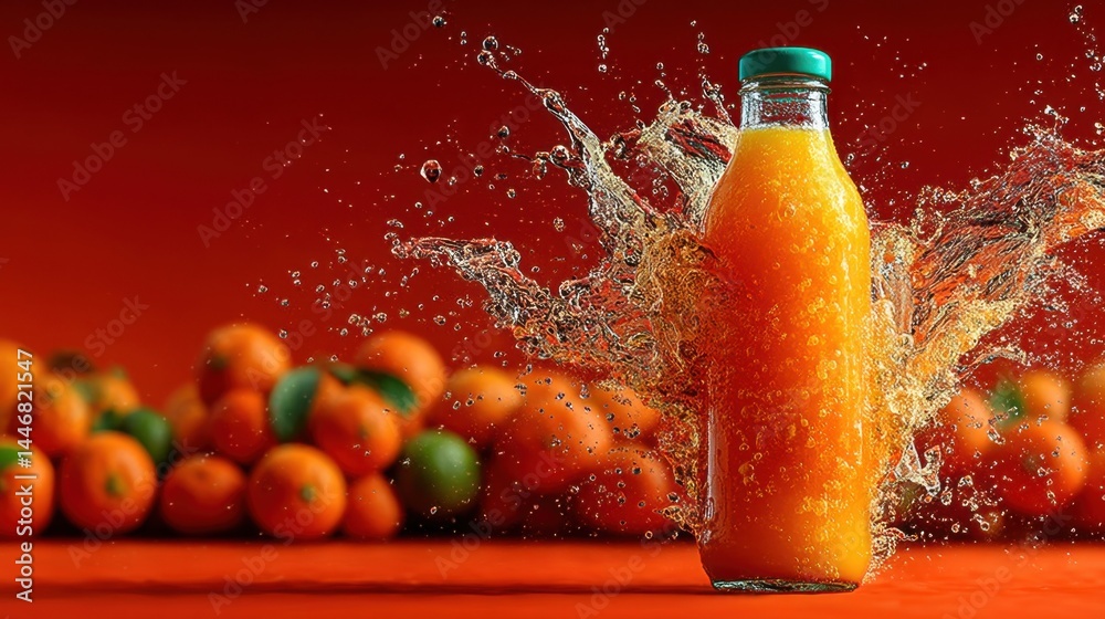 Poster fresh orange juice splash with oranges and a vibrant red background.