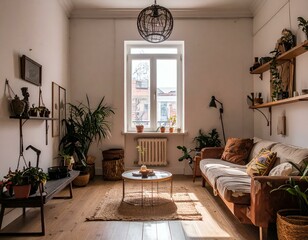 Sunlit bohemian living room interior with plants, wooden furniture, and eclectic decor.
