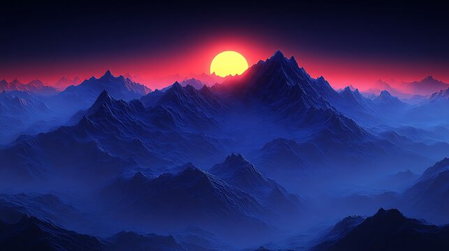 Crimson sunrise over mountain ranges horizon