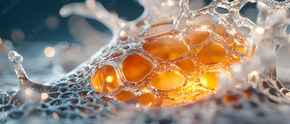 Poster a macro shot of a golden bubbly structure glowing with internal light. could be used as background f