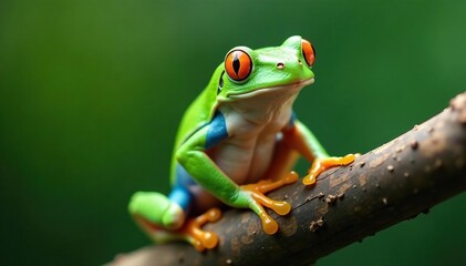 Green tree frog perched on white, vibrant skin, cutout, texture, white background