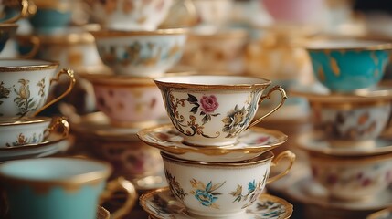 Stacked antique porcelain cups and saucers in pastel tones.