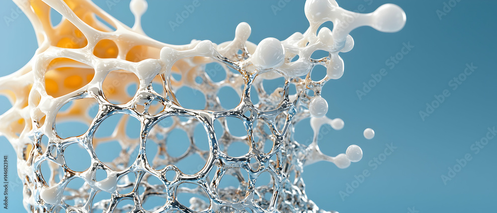 Poster abstract art featuring a dynamic splash-like structure in cream and silver tones. great for science 