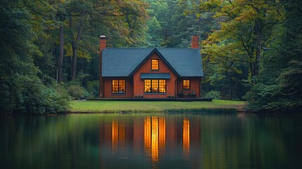 Obraz premium Cozy cabin nestled by a serene lake at twilight