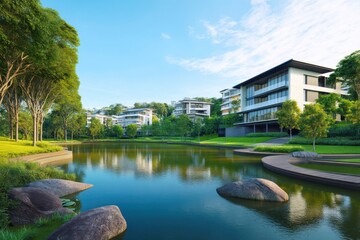 Fototapeta premium Lake surrounded by trees and modern homes on a sunny day view