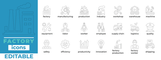 Premium editable Factory linear icons for industry, manufacturing, and production. Clean minimalist vectors for presentations, apps, and branding