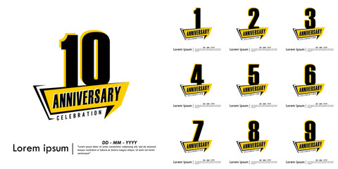 Set of 1st-10th years anniversary celebration emblem. anniversary logo isolated with speech ribbon on white background. vector illustration template design for web, flyers, poster, invitation