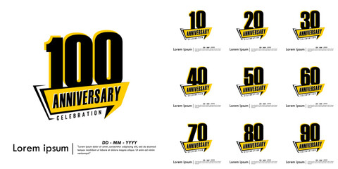 Set of 10-100th years anniversary celebration emblem. anniversary logo isolated with speech ribbon on white background. vector illustration template design for web, flyers, poster, invitation