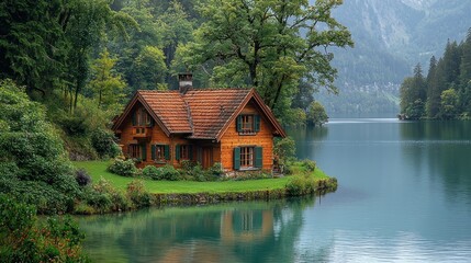 Fototapeta premium Cozy cabin by a serene lake nestled in a lush forest