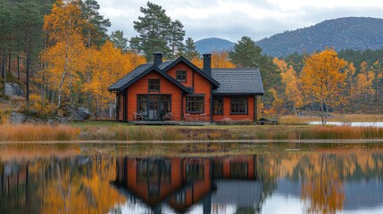 Fototapeta premium Rustic cabin nestled by a serene lake in autumn foliage. Tranquil, autumnal, wooden home by a calm lake. Colorful fall trees surround the property