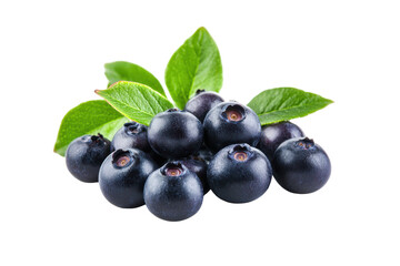 Group of dark, plump blueberries are showcased with fresh green leaves.  The image emphasizes the richness and vitality of the fruit.