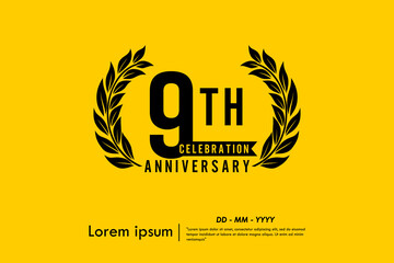 9th years anniversary celebration emblem. anniversary logo isolated with laurel wreath and ribbon on yellow background. vector illustration template design for web, flyers, poster, greeting card	