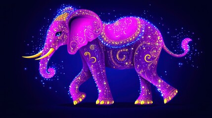 Vibrant cosmic elephant radiating neon brilliance amidst a dark ethereal canvas detailed with luminous particles creating a fantasy vibe enhanced scene